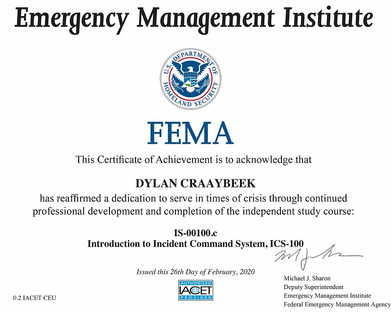 FEMA Emergency Management Institute Certificate, 2020