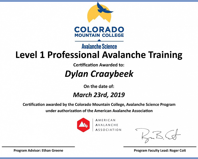 Level 1 Professional Avalanche Training Certificate, 2019