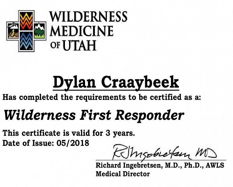 Wilderness First Responder Certificate, 2018