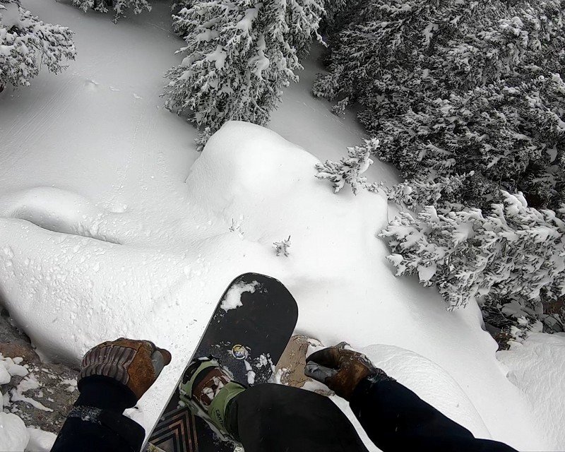 GoPro shot of snowboarding some cliff drops on Vail Mountain